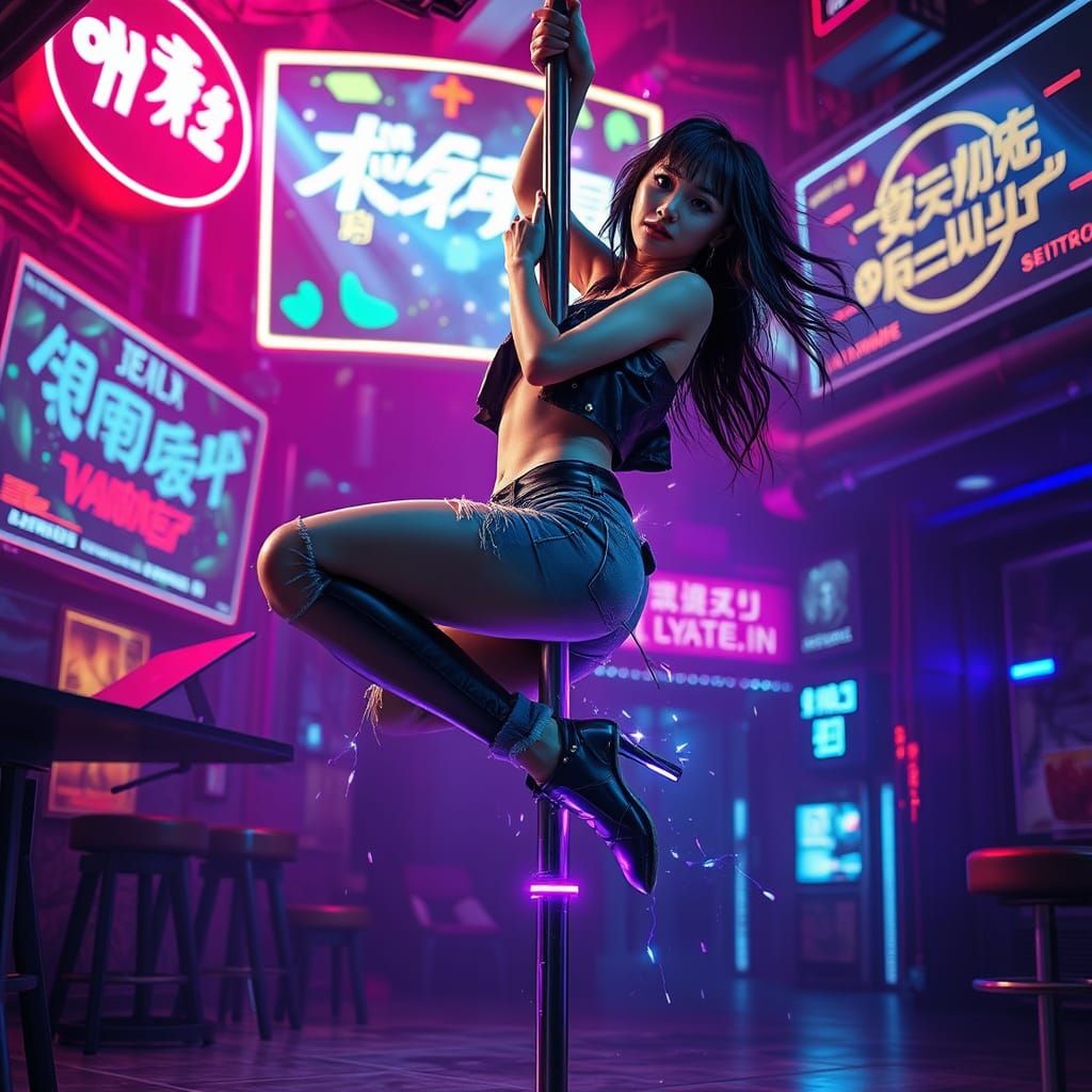 Cyberpunk Pole Dancer in Neon Nightclub
