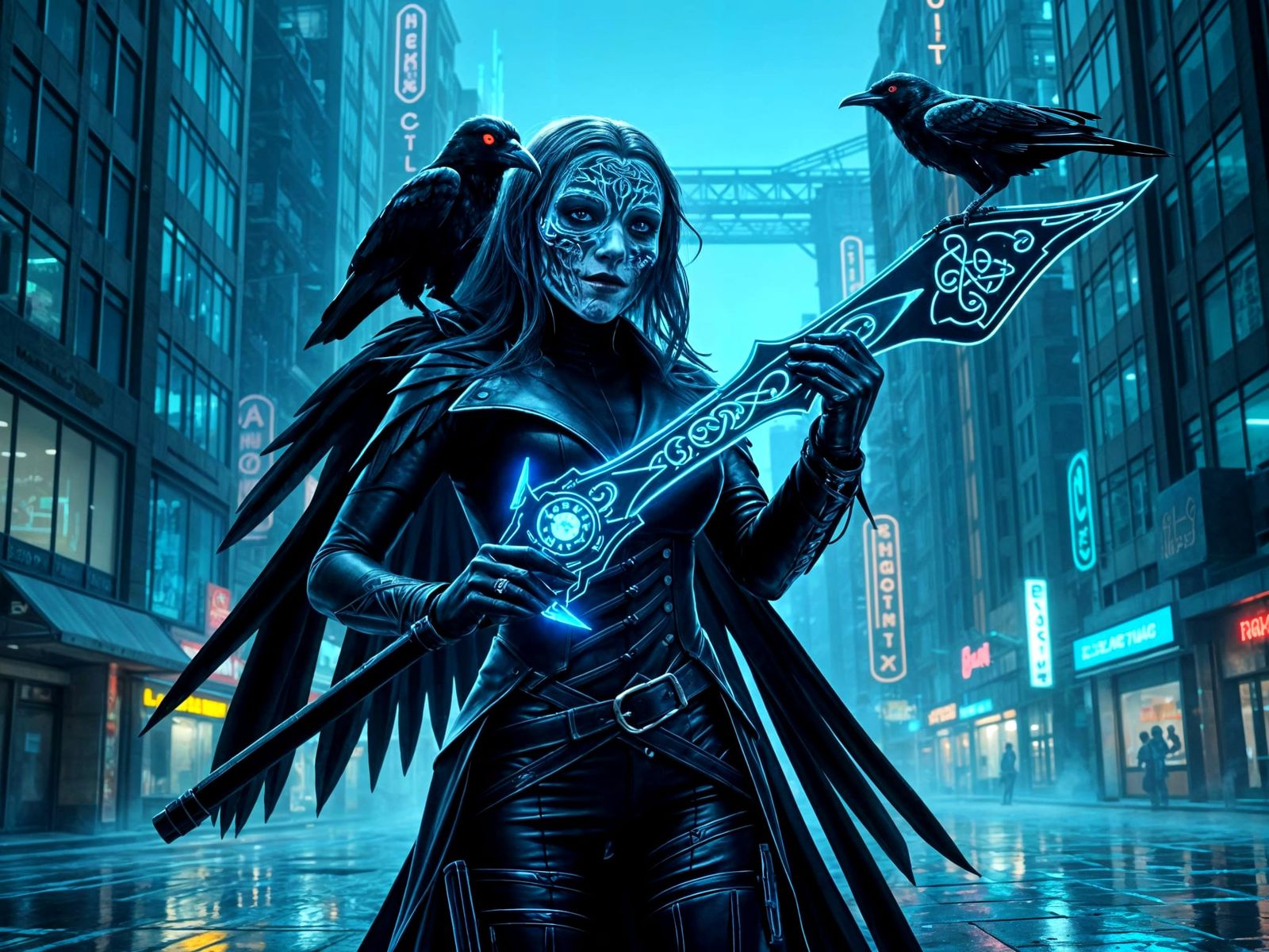 Cyberpunk Morrigan in Neon-Crusted Celtic Splendor