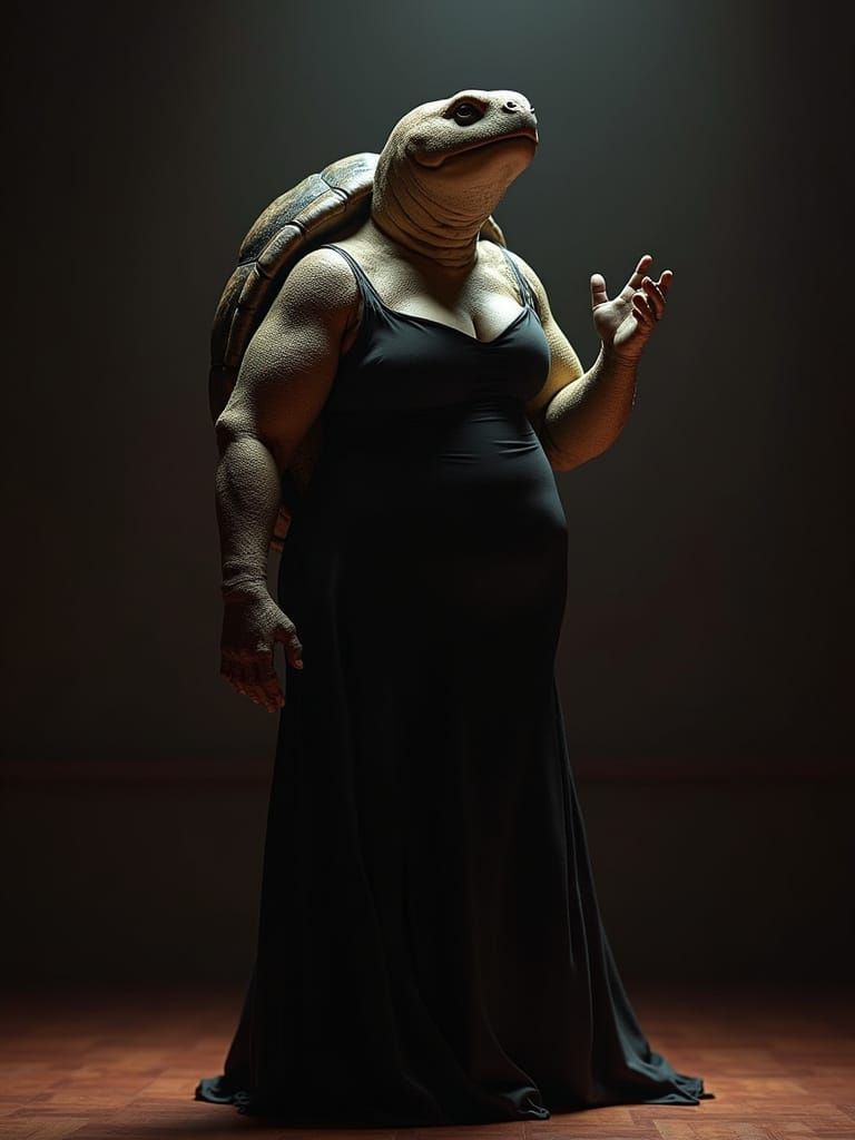 Humanoid Turtle Singing in Theatre, Detailed 8K Portrait