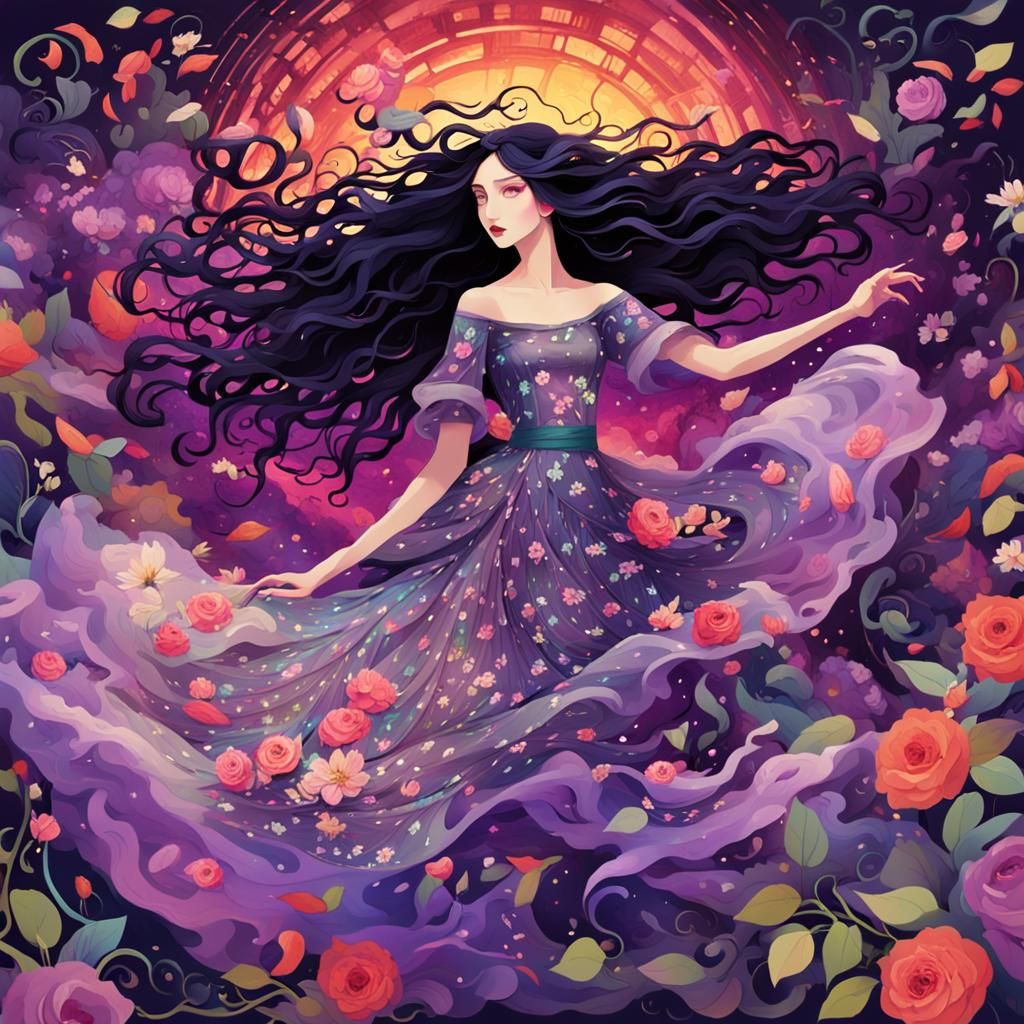 Woman Dancing in Discotheque with Psychedelic Patterns