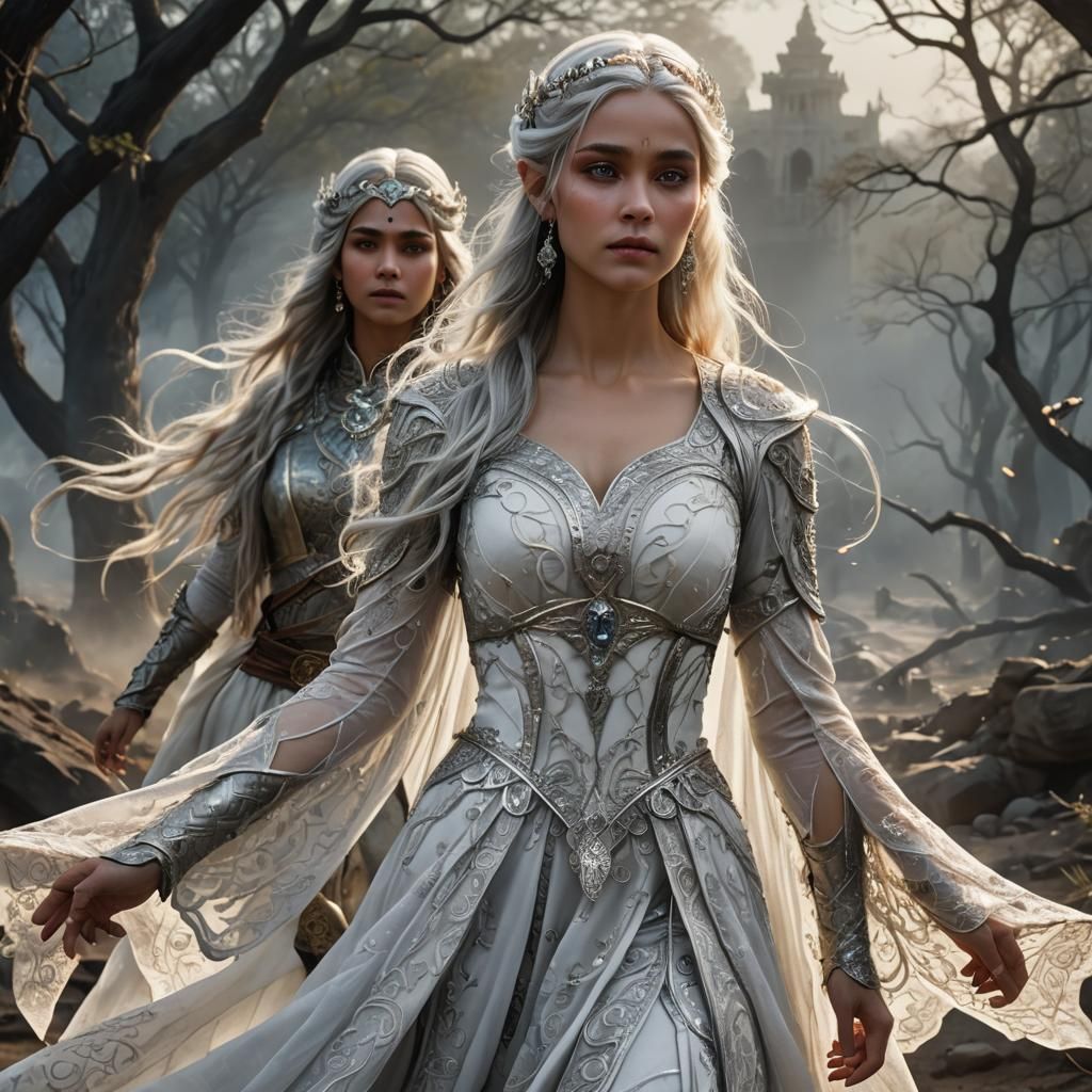 Elven Princess Walks Battlefield in Eerie Landscape