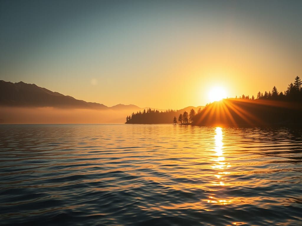 Serene Mountain Lake at Sunset, in Hyper-Realistic Style