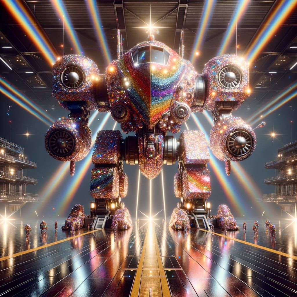 Giant Battle-Mech Shines Under Spotlight in Retro-Futuristic...