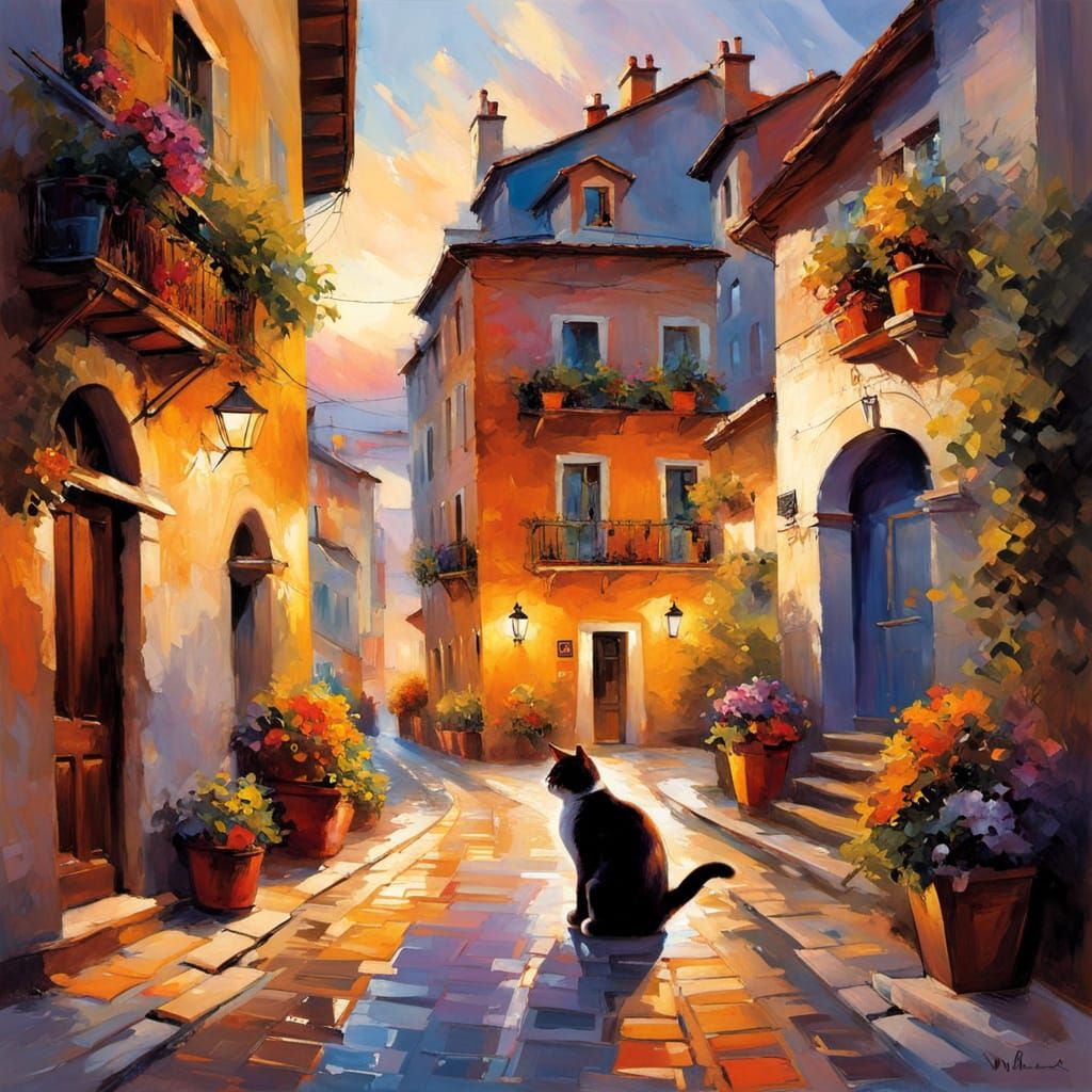 Vibrant Sunset Over Cobblestone Street With Cat