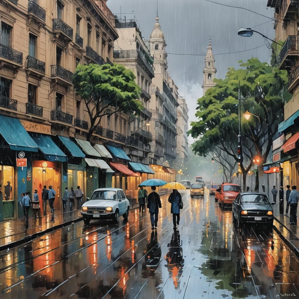 Buenos Aires Rain Scene in Gouache