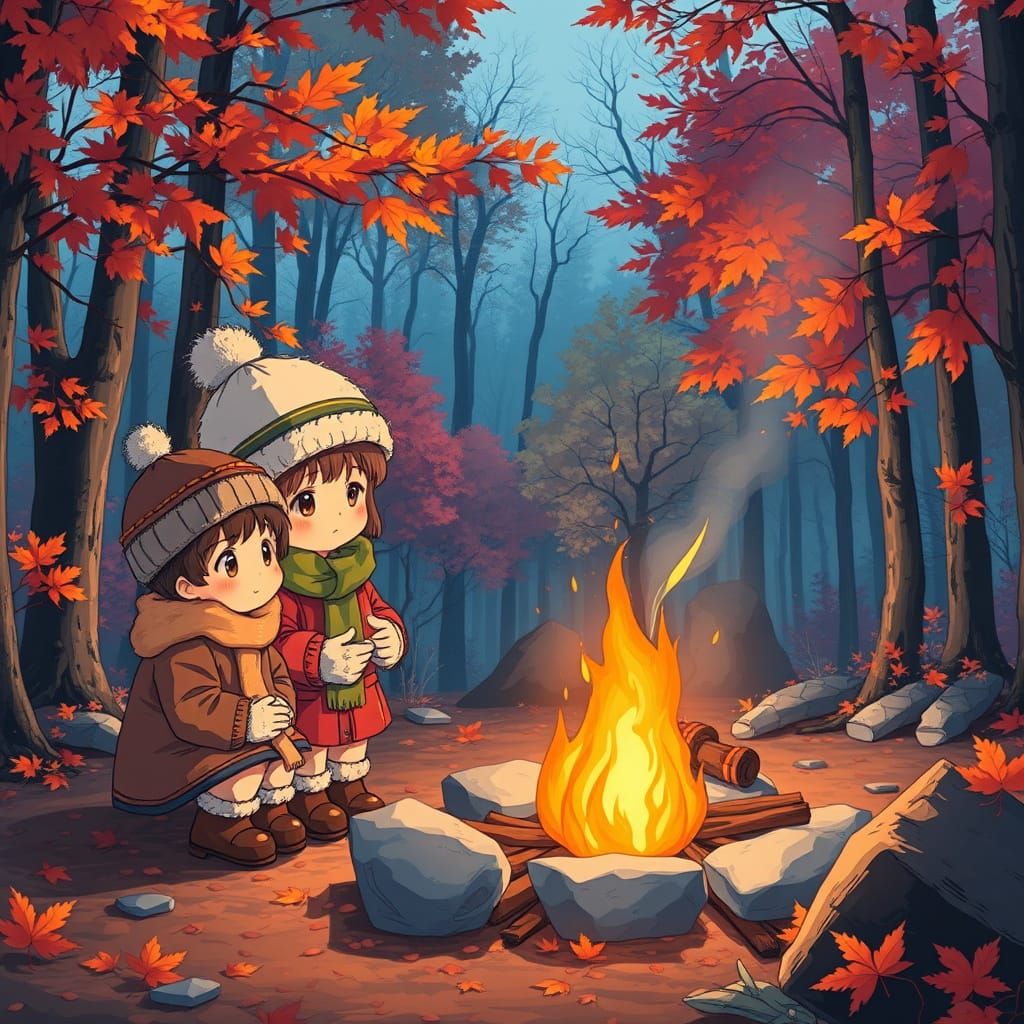 Children Lighting Bonfire in Autumn Forest, Anime Style