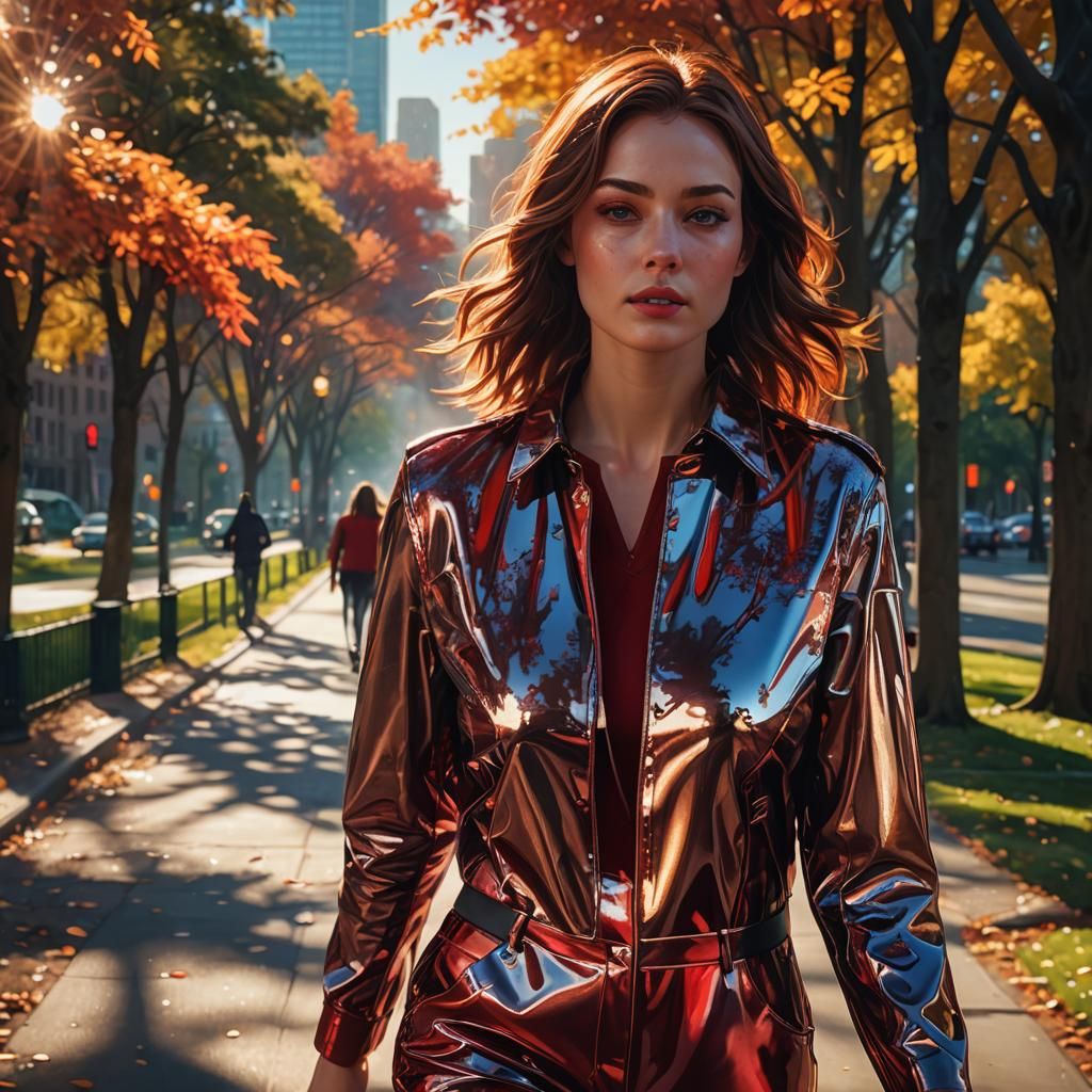 Woman in Glossy Outfit Strolls Through Park