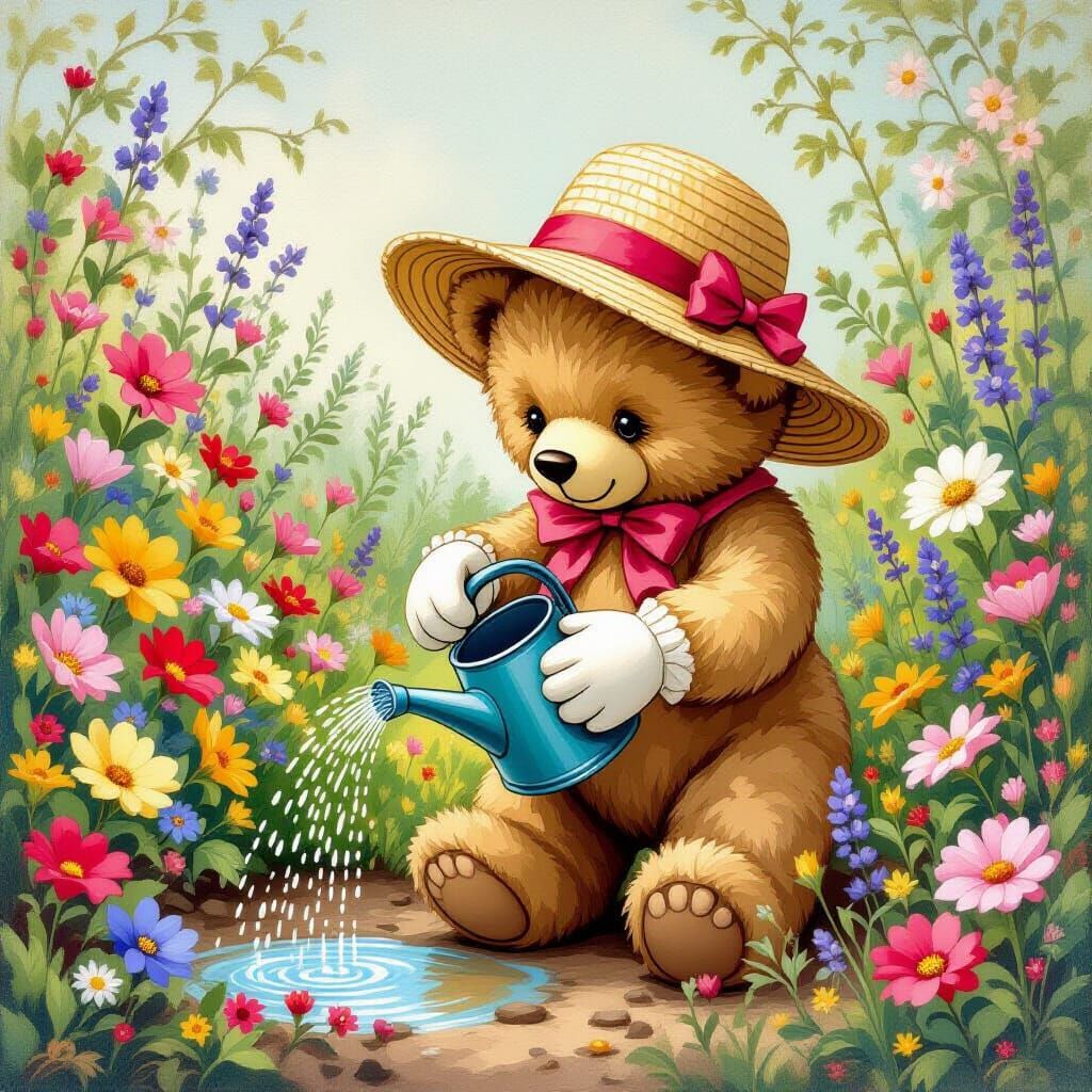 Teddy Bear Gardener in Whimsical Style