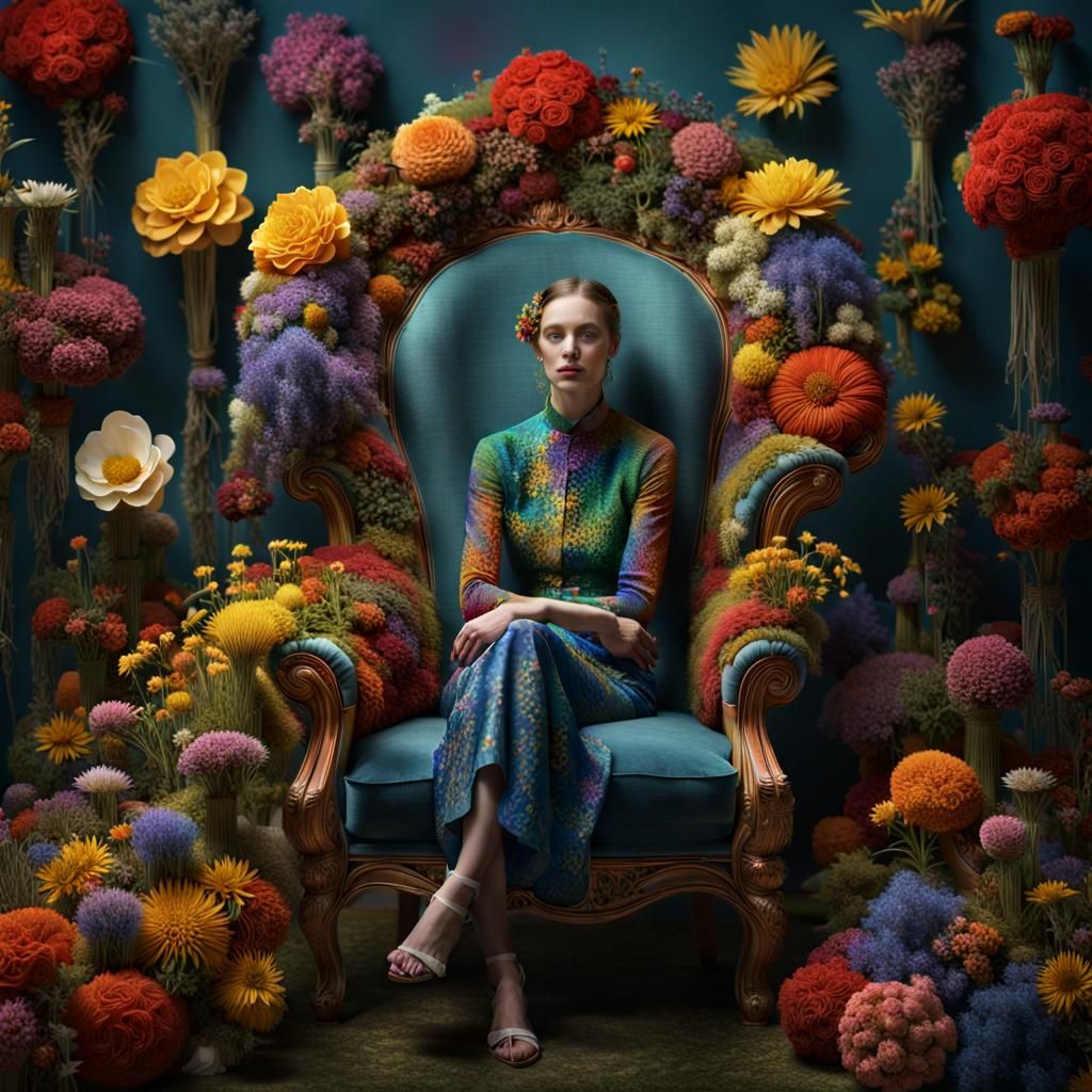 Model in Surreal Flower Chair, Vivid Colors