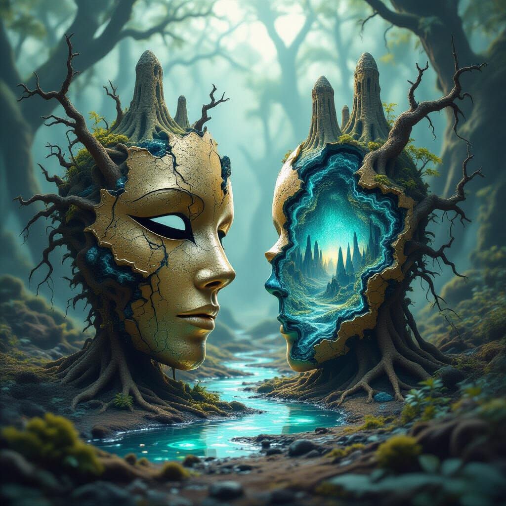 Fractured Mask Reveals Bioluminescent Spores in Surrealist A...