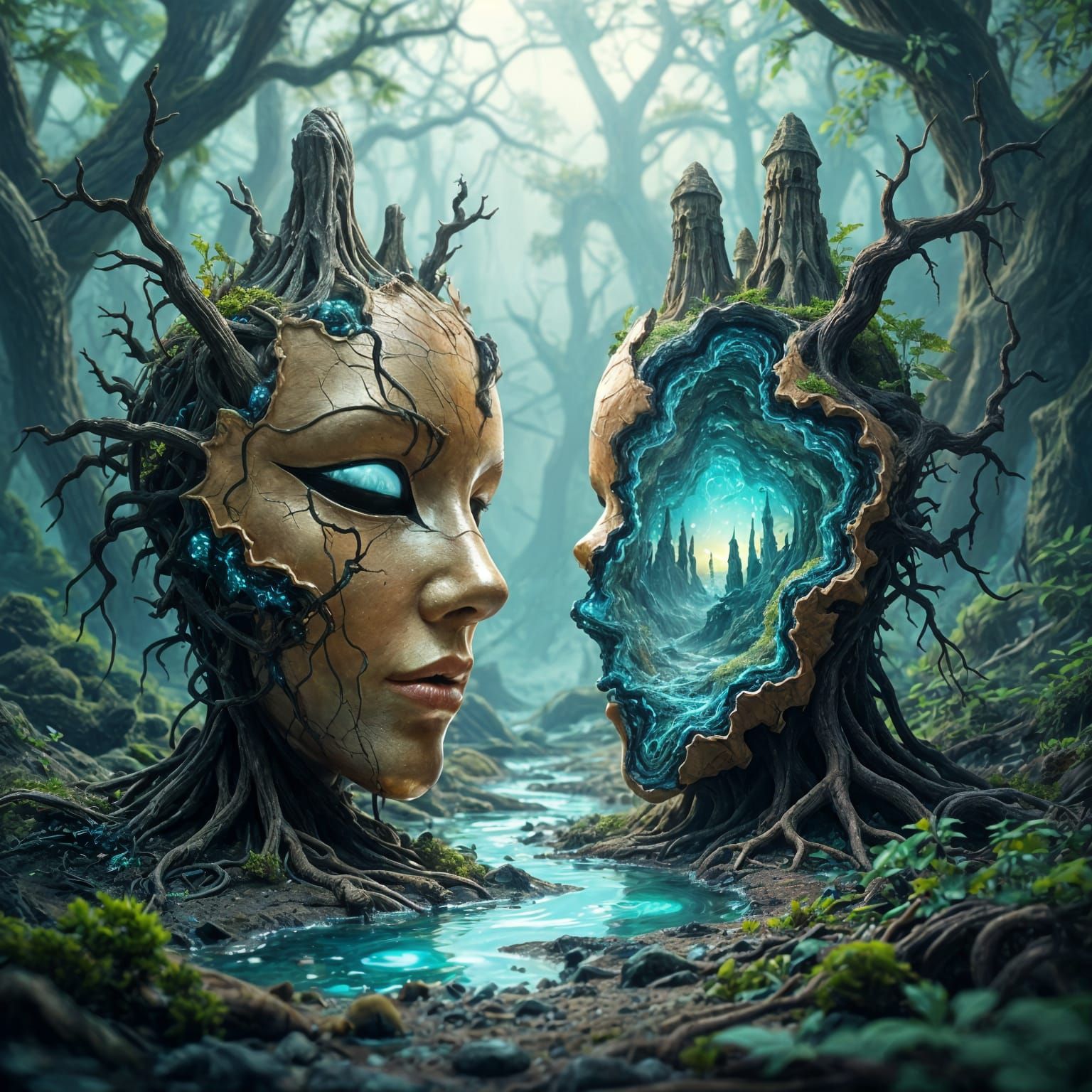 Fractured Mask Reveals Bioluminescent Alien Landscape