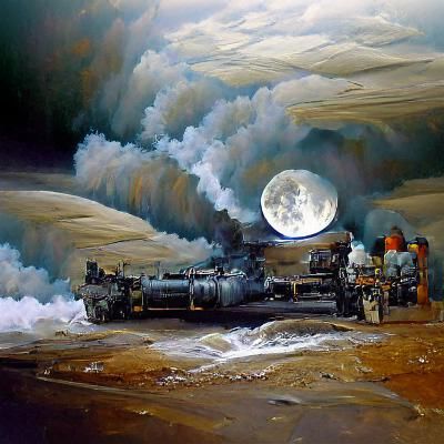 Steam Train on the Moon as Oil Painting