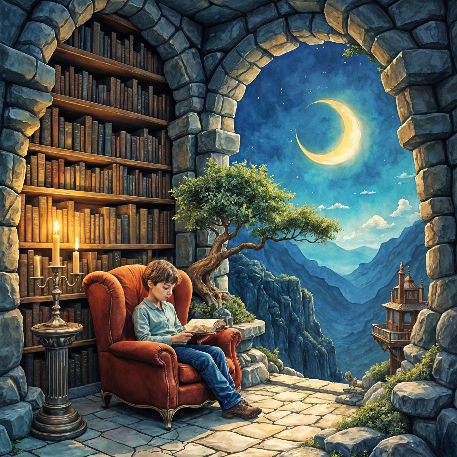 Whimsical Mountain Library in Vibrant Watercolors