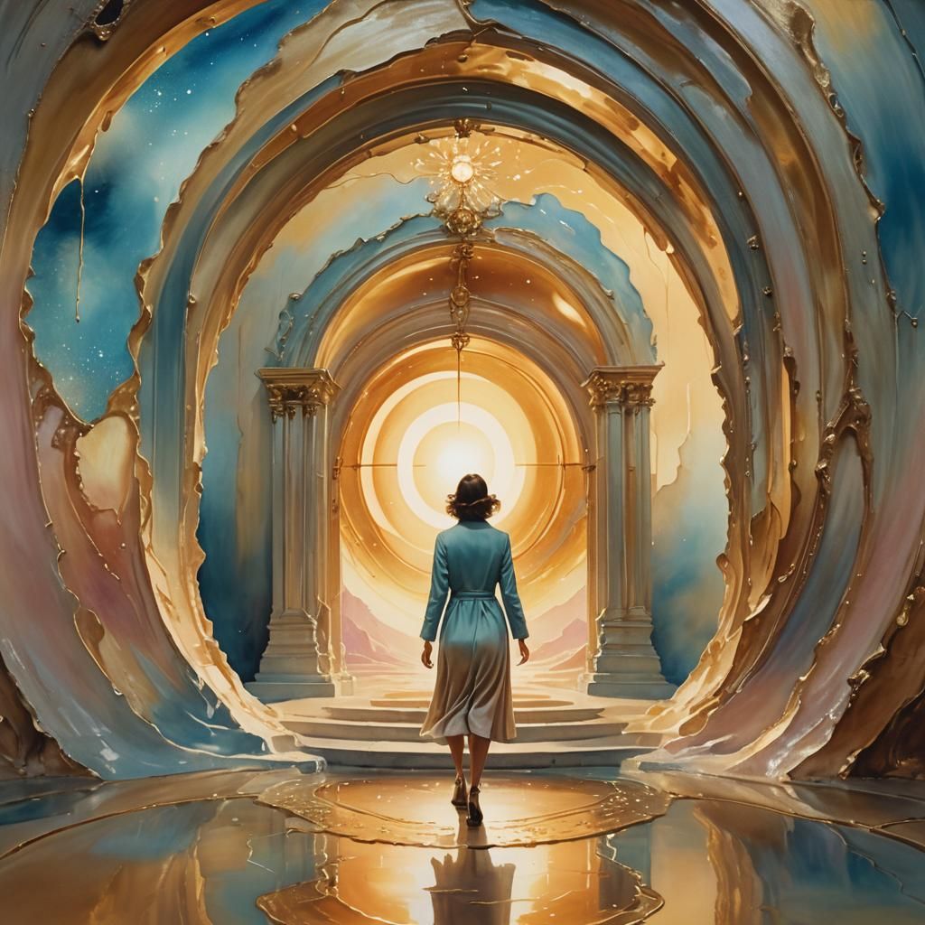 Woman Steps Through Portal in Surrealist Style