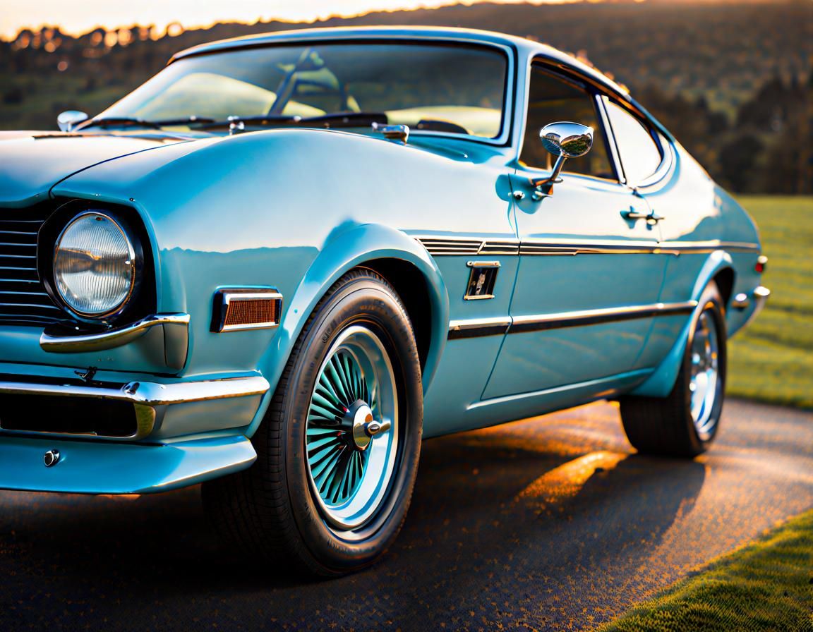 early morning dew drops on the bodywork of a pastel blue Mark III ford Capri with black vinyl roof.