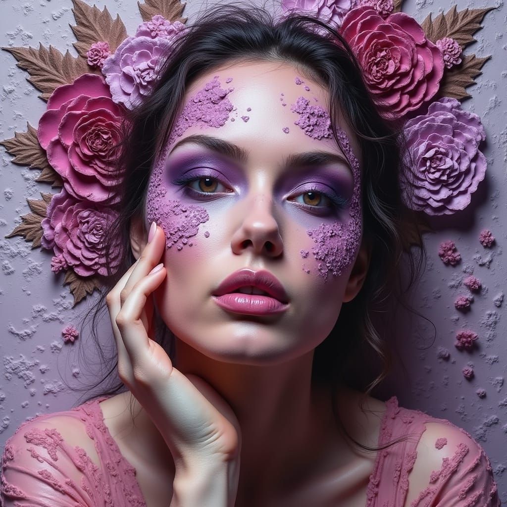 Vibrant Avant-Garde Makeup Against Hand-Painted Plaster Back...