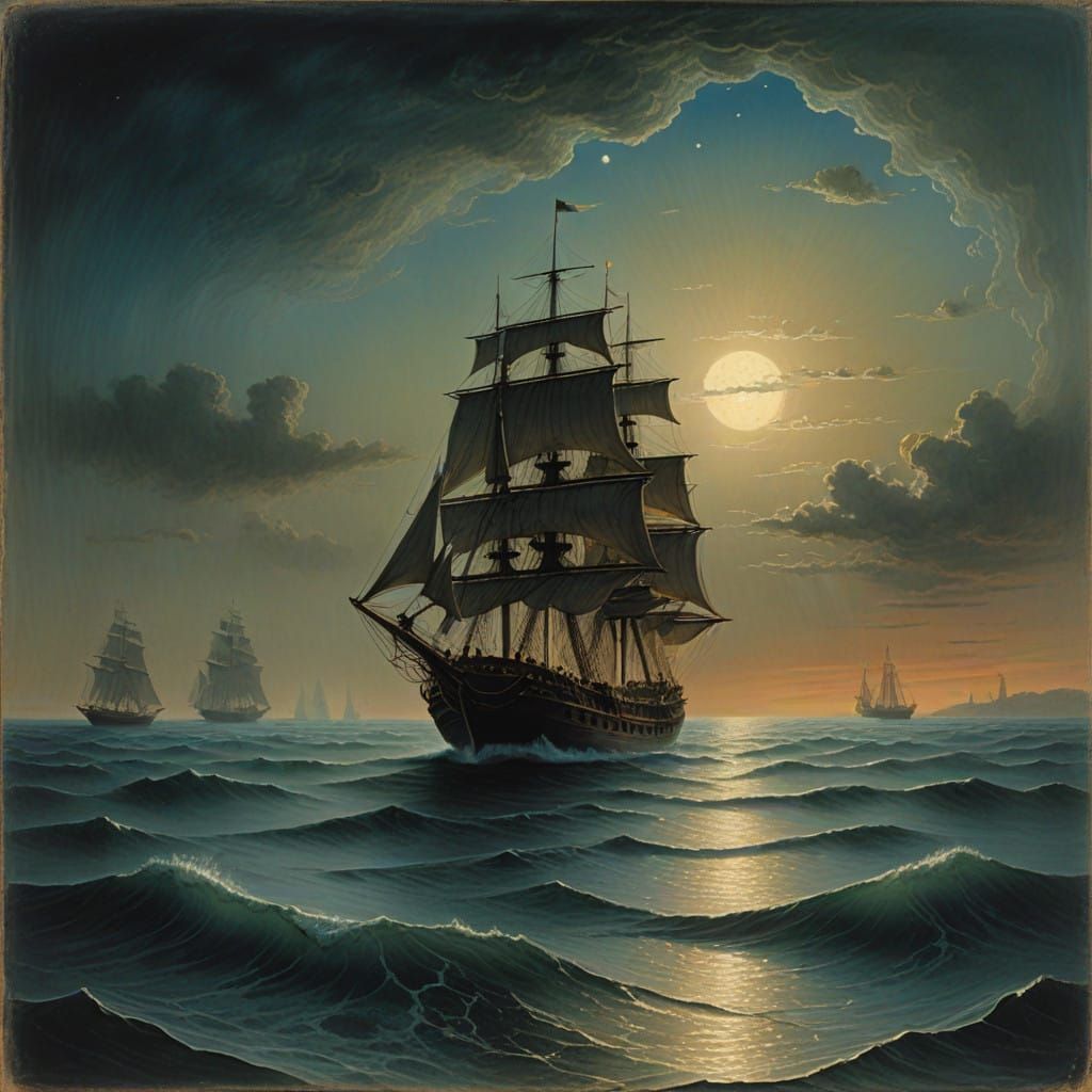 Antique Glass Bottle on a Serene Moonlit Ocean with a Majest...