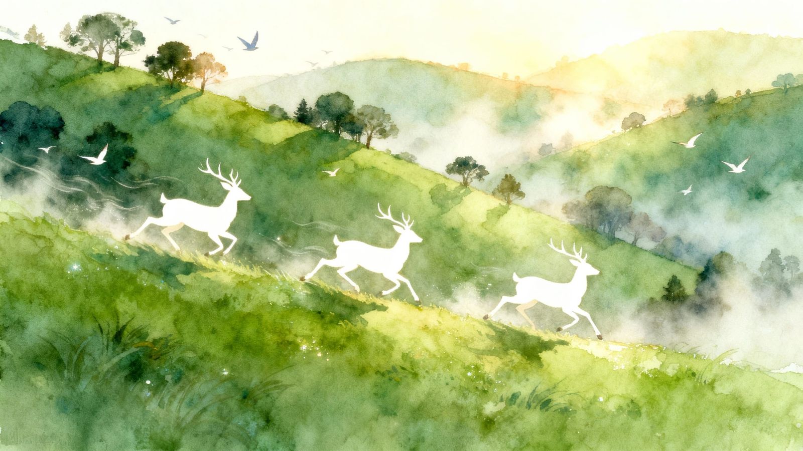 Three White Deer Prancing Down Green Hills in Soft Watercolo...