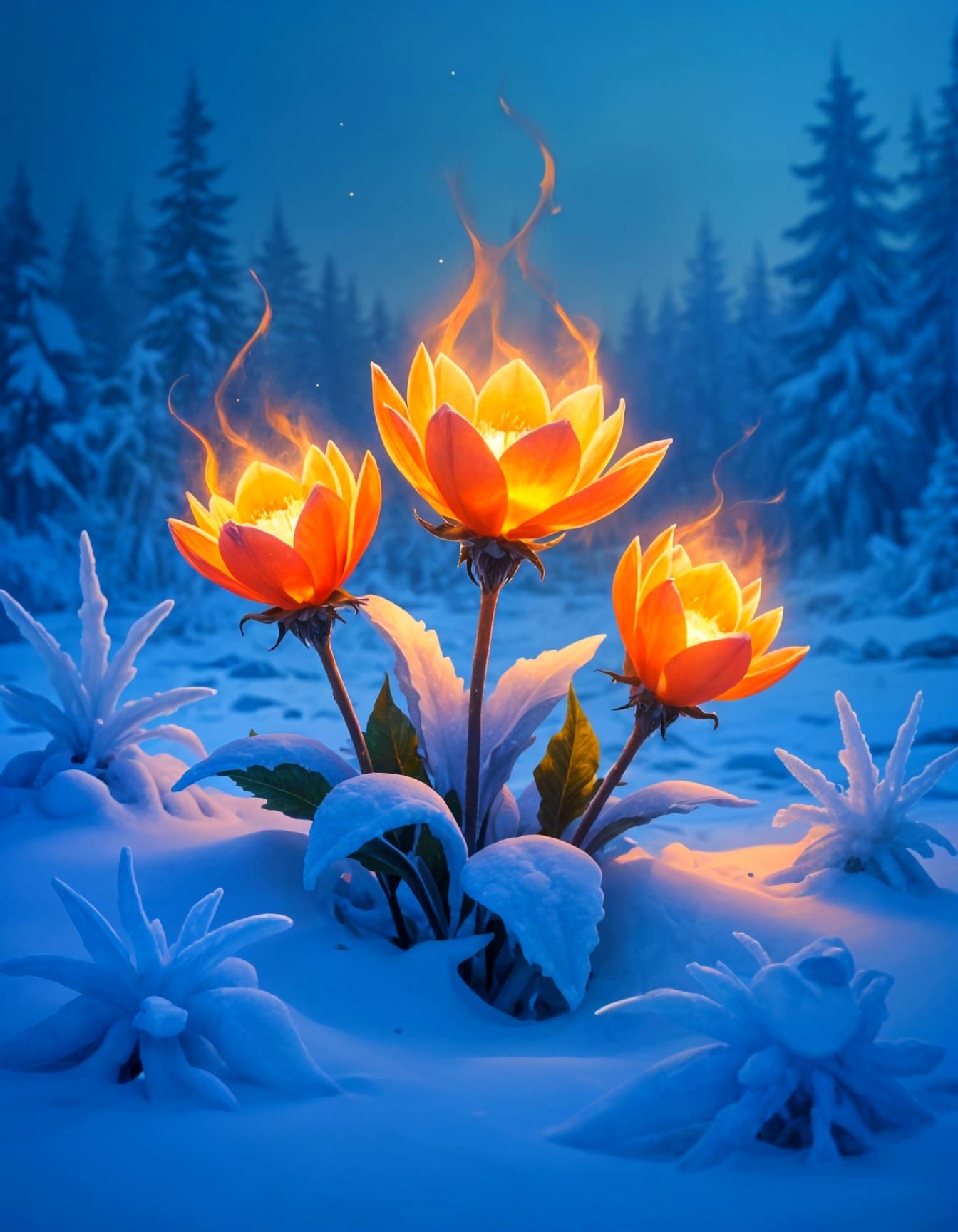 Arctic Bloom: Fiery Flowers in Frozen Landscape