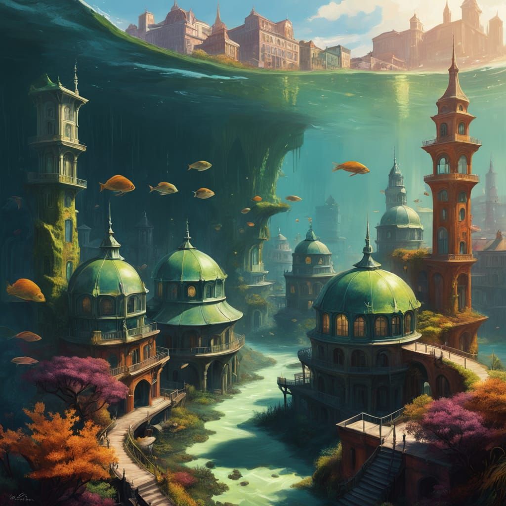 Aetherpunk City Rises from Clear Waters as Oil Painting