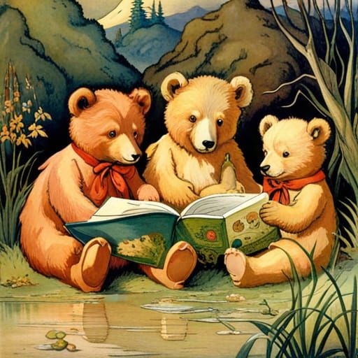 Teddy Bears Reading by Stream, Illustrated Style