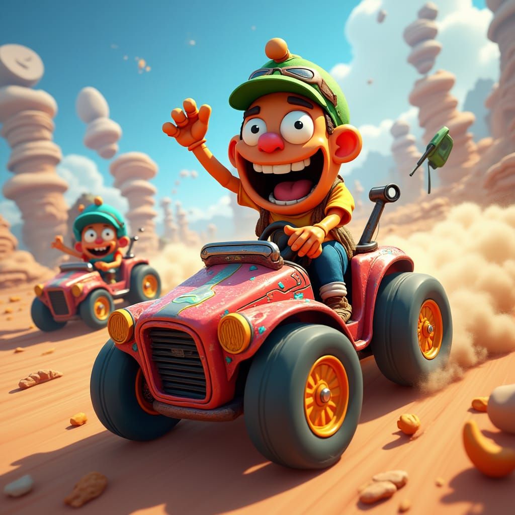 Whimsical Race Scene with Exaggerated Vehicles