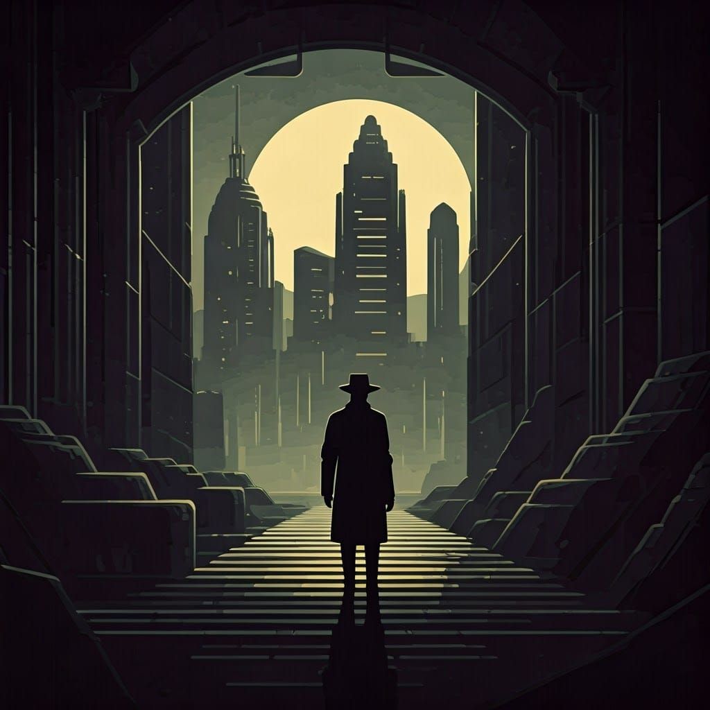 Film Noir Figure in Dystopian Cityscape