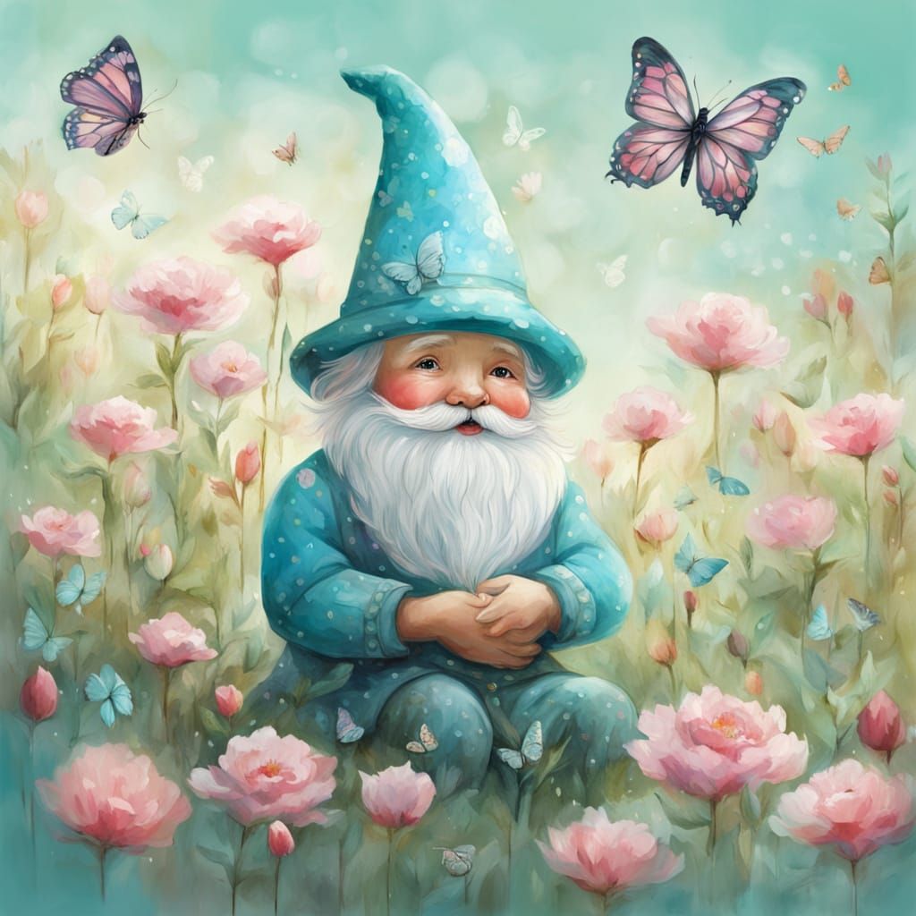 Whimsical Garden Gnome in Naive Folk Art Style