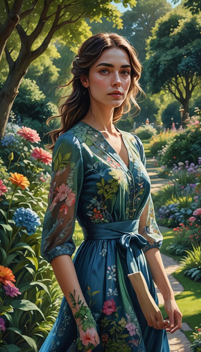 Woman in Blue Dress in Serene Garden: Digital Art
