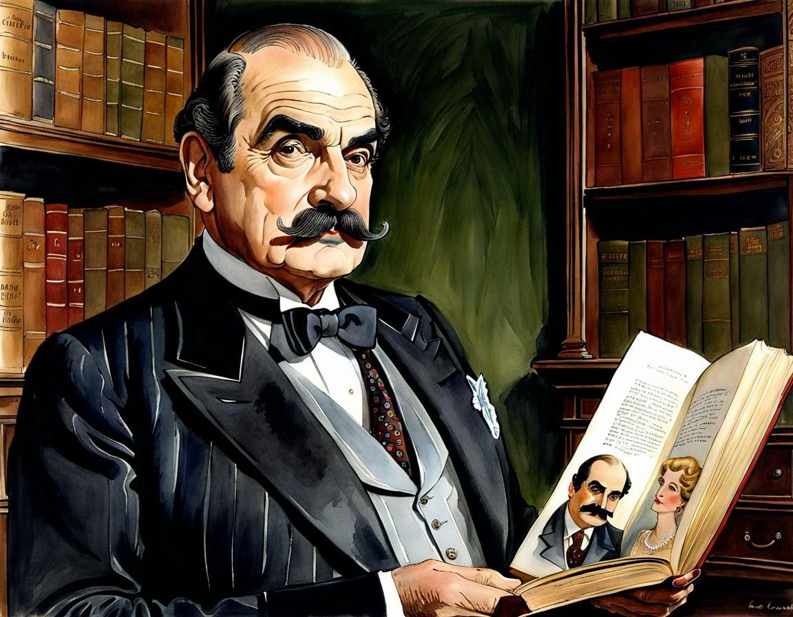 Hercule Poirot Portrait in Watercolor Book Illustration Styl...
