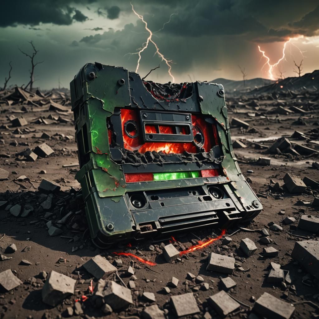 Surreal Nuclear Cassette Tape in Apocalyptic Landscape