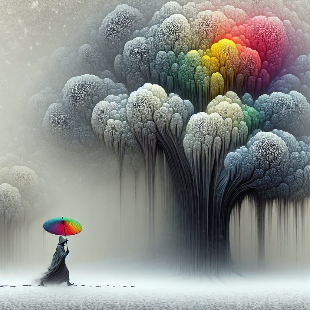 Ethereal Figure Strolls Through Snowy Landscape