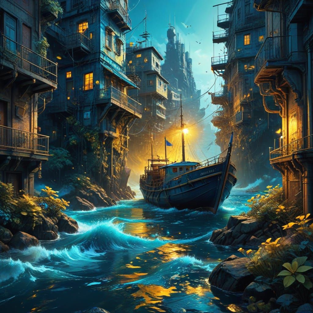 harbour in bright blue yellow, highly detailed mixed textured collage...