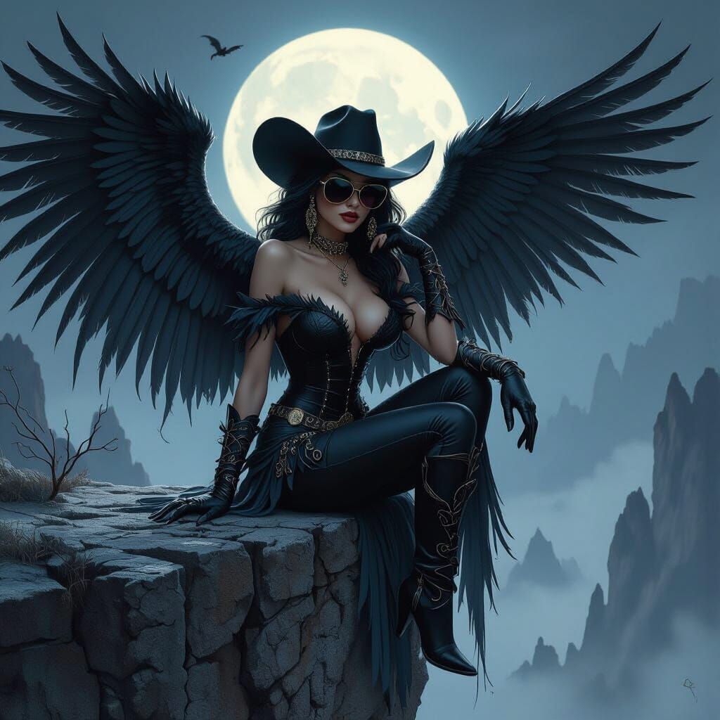 Gothic Harpy in Cowboy Hat with Many Arms as Wings