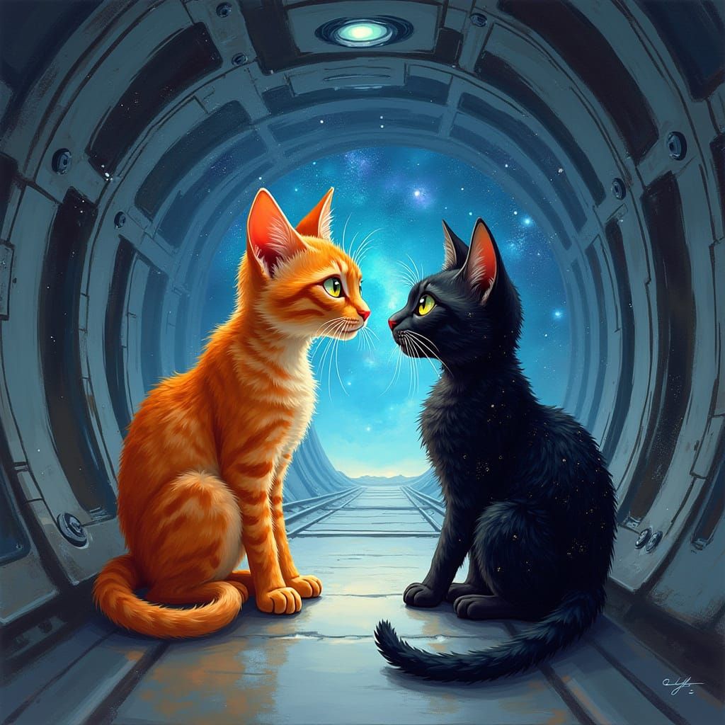Cosmic Cats Confront Each Other in a Desolate Space Corridor