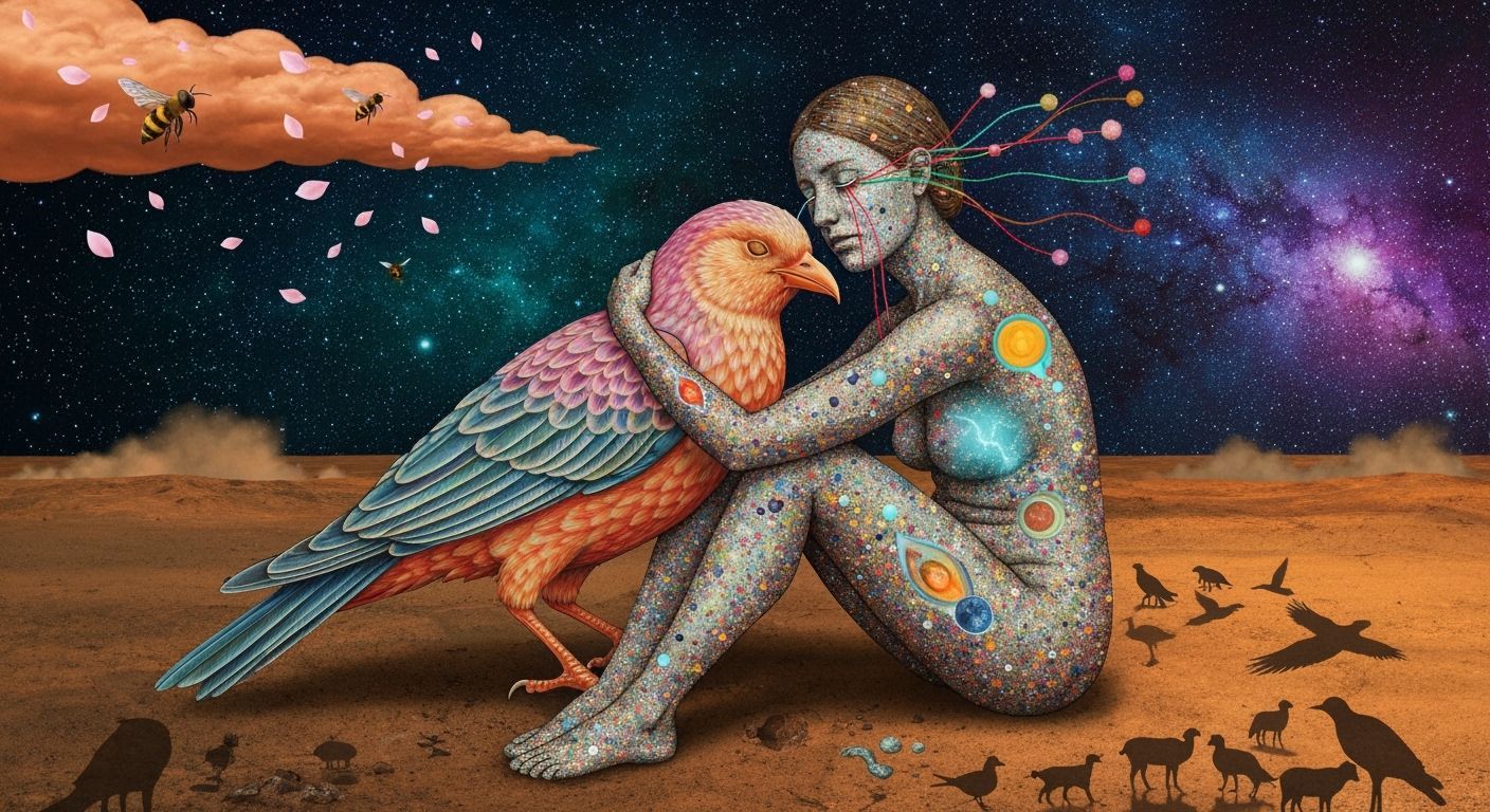 Shamanic Figure With Bioluminescent Bird Under Copper Sky