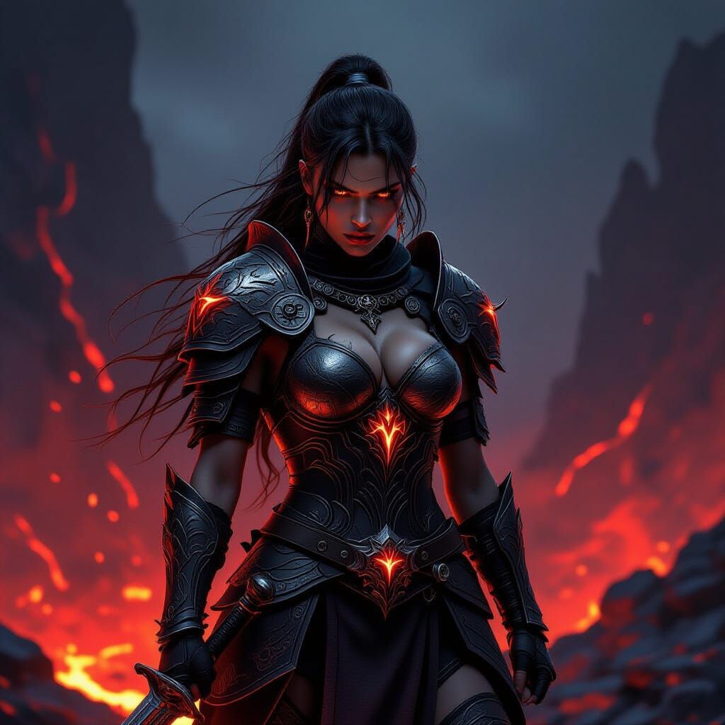 Warrior Woman on Volcanic Precipice in Dark Fantasy Style