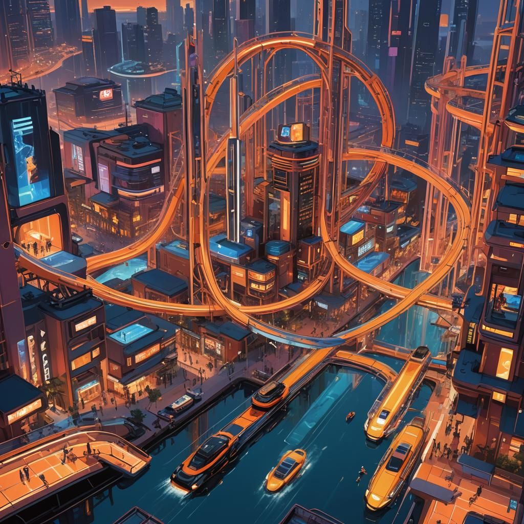 Futuristic Theme Park at Sunset in Industrial Style