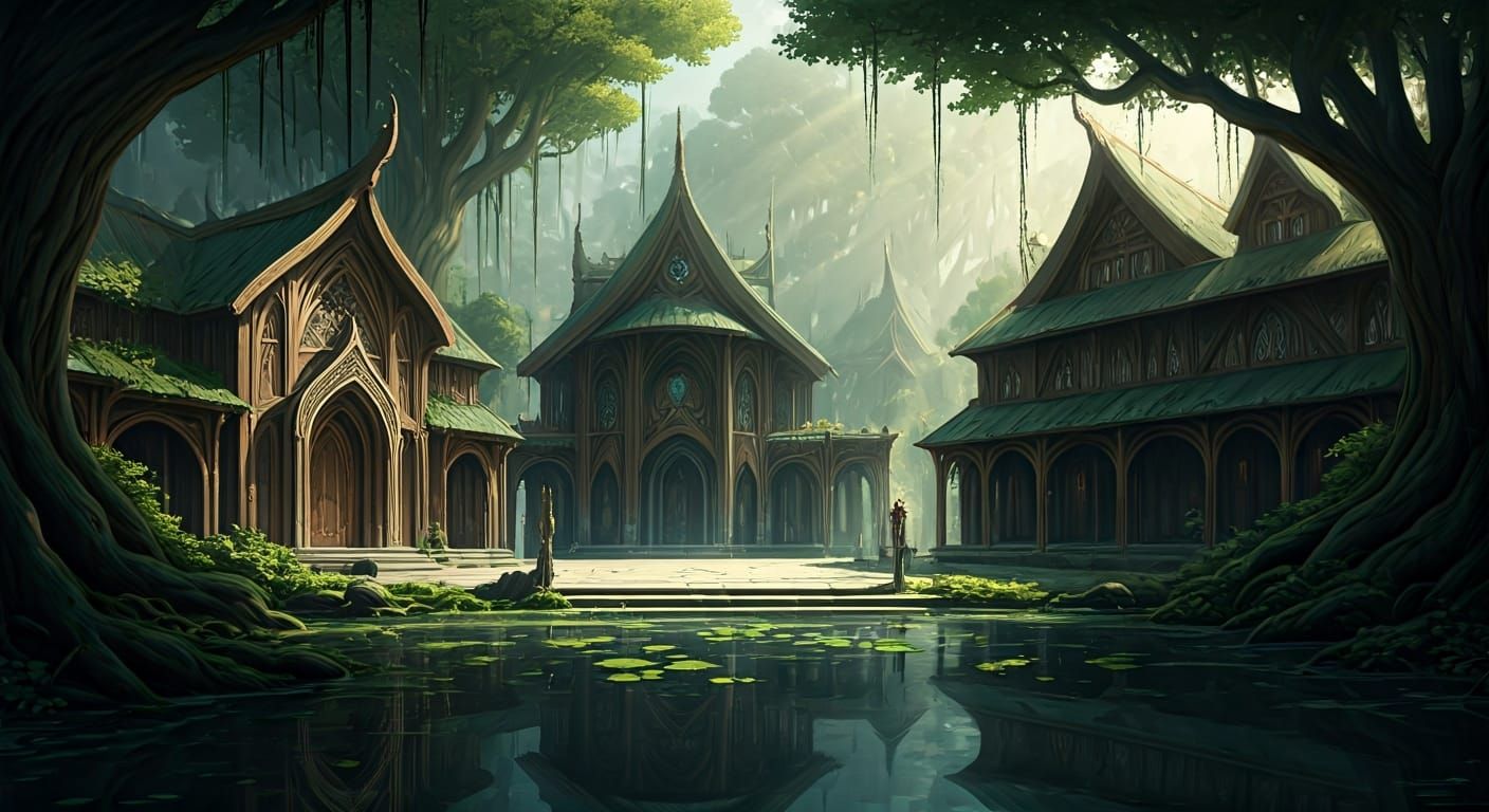 Serene Elven Town Square in Mystical Landscape