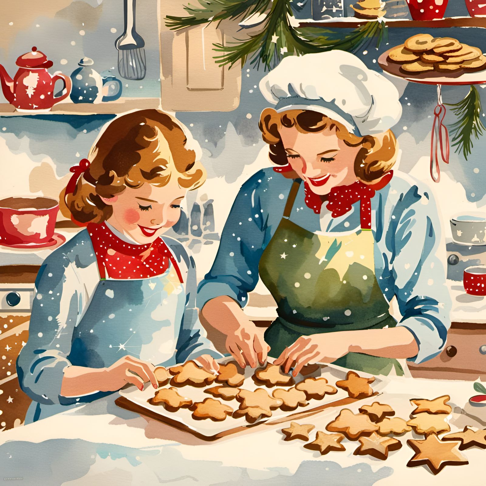 Vintage Watercolor: Mother and Daughter Baking Cookies
