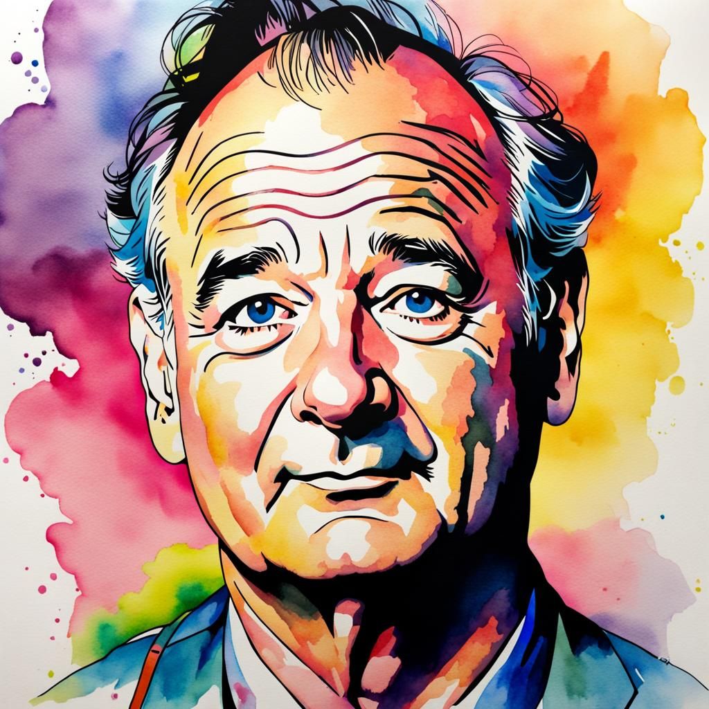 Bill Murray Watercolor Portrait with Black Linework