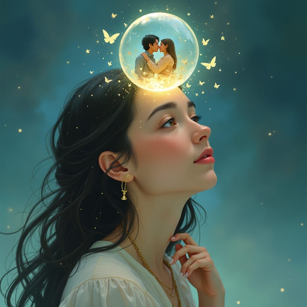 A Woman Lost in Thought Amidst a Whimsical Dreamscape