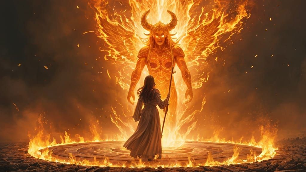 Female Wizard Summons Fire Elemental in Fantasy Art