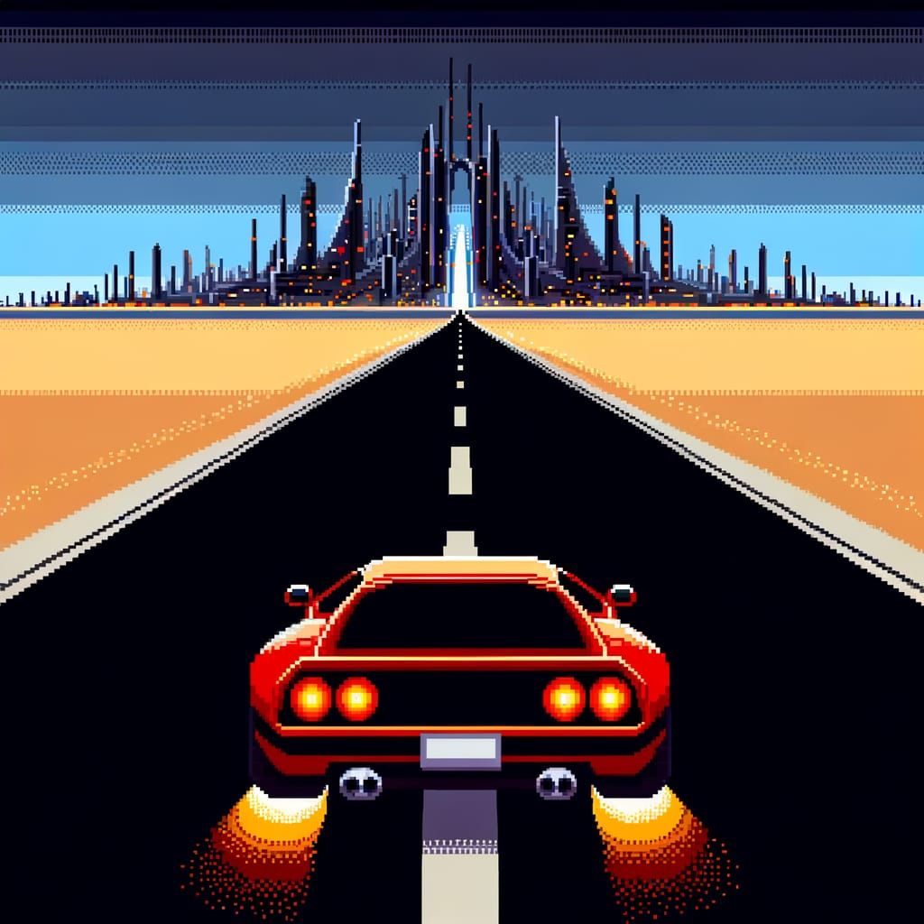 Retro Cityscape: 16-bit Sports Car on Desert Highway