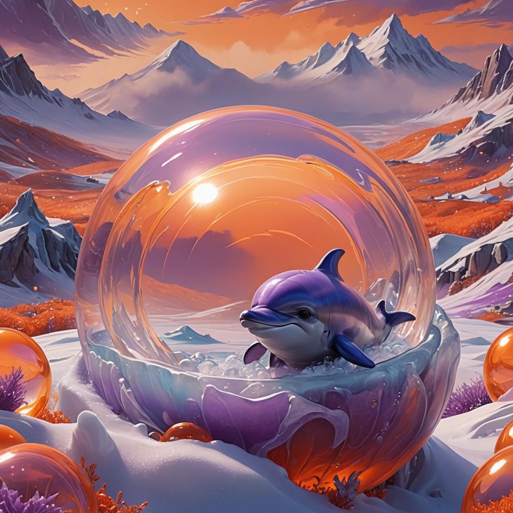 Cute Purple Dolphin Bubble Rolls Down Frozen Hill