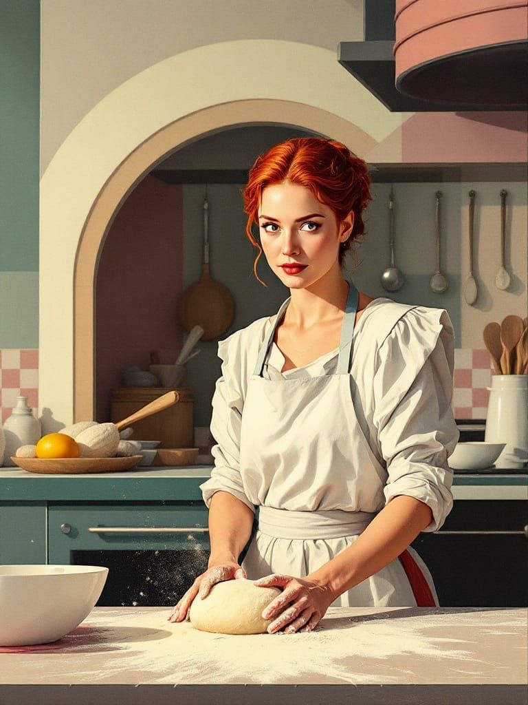 Redhead Baker in Geometric Googie Kitchen