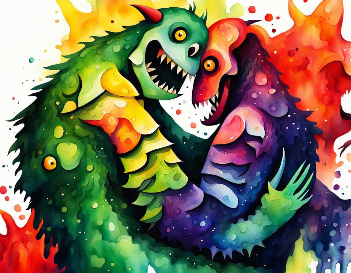 Whimsical Watercolor Monsters Hugging in Abstract Forest