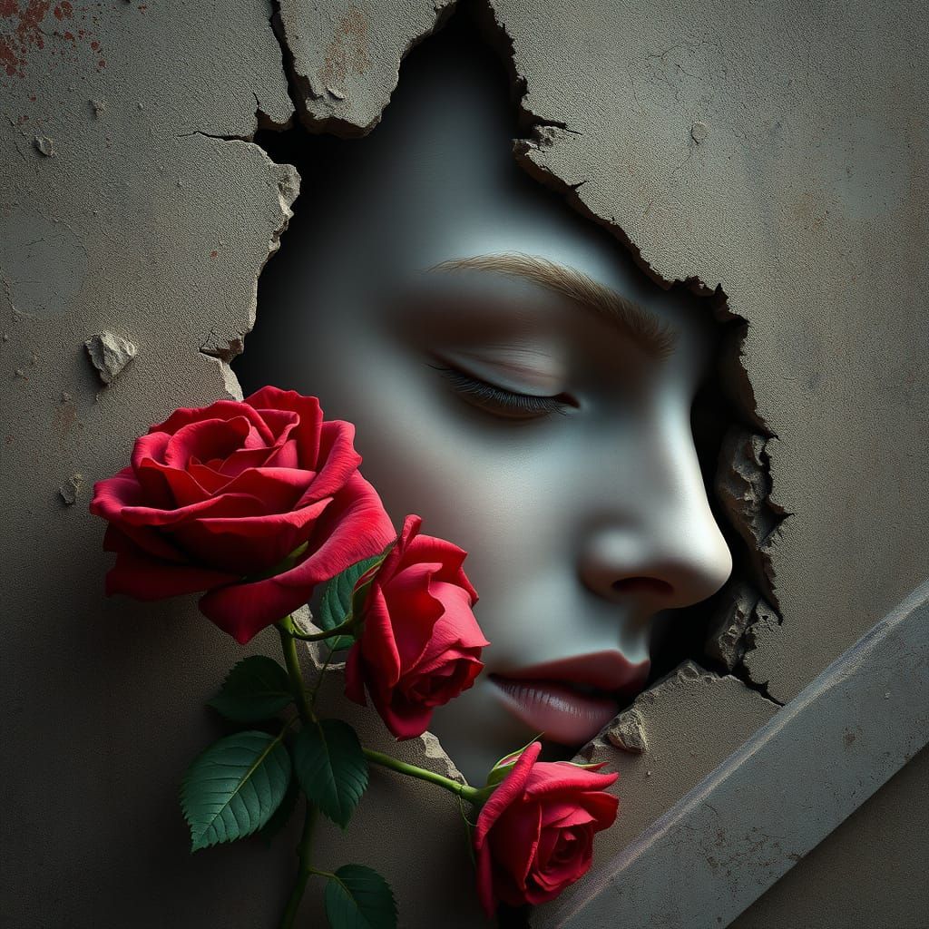 Dreamlike Surrealist Art with Half-Face and Red Rose in Bloo...