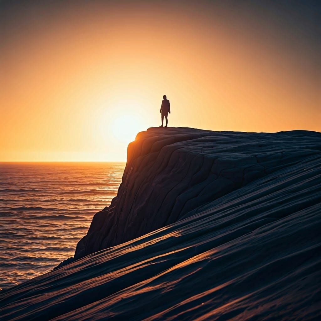 Lone Figure Silhouetted on Windswept Cliff at Sunset