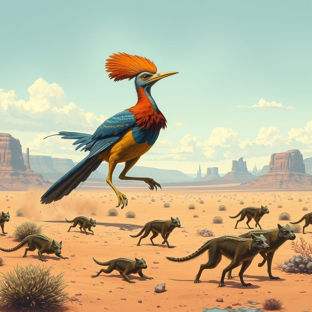Giant Roadrunner Bird Chasing Lizards in Desert
